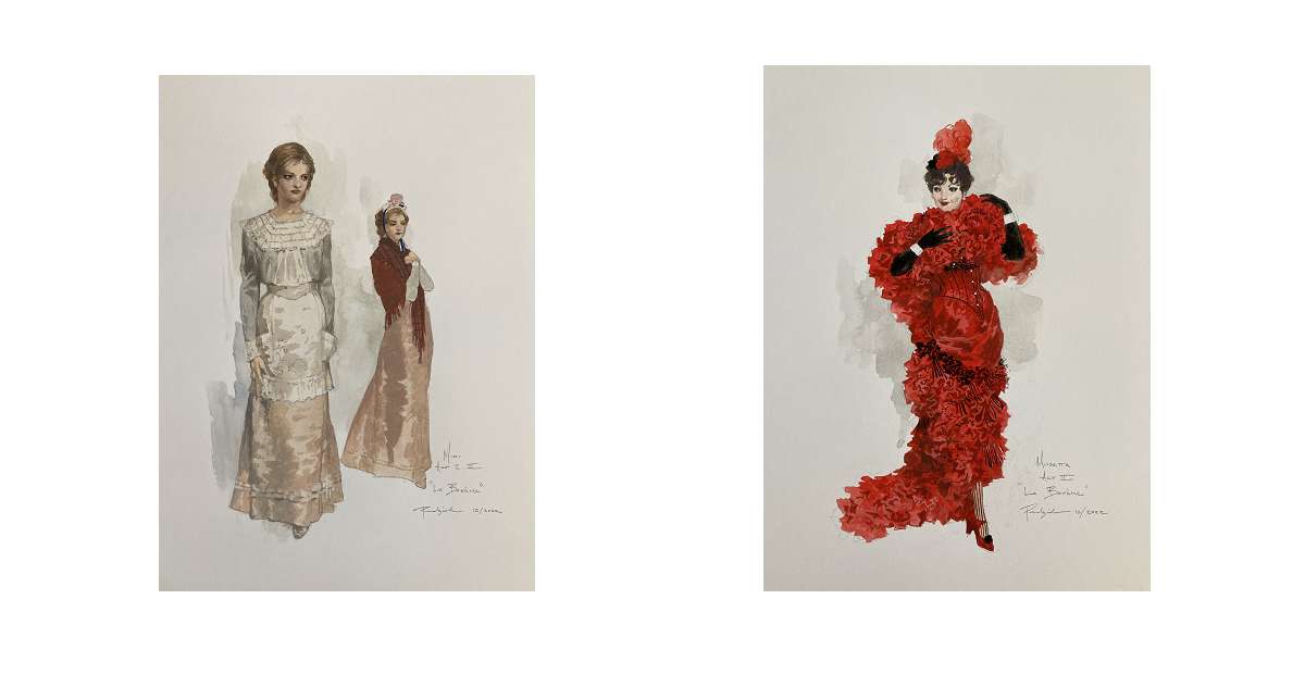 由羅伯特．佩德左拉繪製的《波希米亞人》角色服裝設計概念圖，左為咪咪、右為穆賽塔（圖／翻攝自muzik）